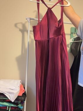 Pleated Satin Maxi Dress in Burgundy